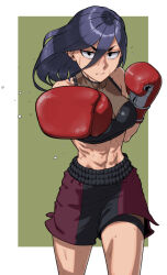 1girl abs black_hair boxing boxing_shorts crop_top cropped_legs looking_at_viewer original outstretched_arm rggr shorts simple_background solo sweat toned toned_female