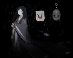1girl ? black_background black_hair female_focus grey_eyes half-closed_eyes highres japanese_clothes kimono long_hair looking_at_viewer mask original parted_lips rain rampart1028 slug solo tears