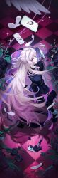 1boy black_dress black_flower black_pantyhose black_rose black_shoes blonde_hair blue_eyes blue_hair card checkered_floor commentary dress english_commentary eyeshadow feathers flower frilled_dress frills from_above from_behind full_body hair_intakes hand_up highres holding holding_mask holostars knife lace-trimmed_sleeves lace_trim lipstick long_hair long_sleeves looking_at_viewer makeup male_focus mask mono_(bluesky) multicolored_hair pantyhose petals pink_hair pink_lips plant purple_hair red_eyeshadow rose shoes skirt_hold solo sparkle thorns trap unworn_mask utsugi_uyu very_long_hair vines virtual_youtuber white_feathers white_mask wide_sleeves wings