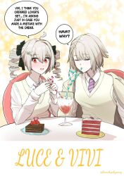 2girls artist_name black_ribbon blush brown_hair cake cake_slice cardigan character_name closed_eyes closed_mouth commentary diagonal-striped_clothes diagonal-striped_necktie drill_hair drinking drinking_straw english_commentary english_text food girls&#039;_frontline girls&#039;_frontline_2:_exilium hair_ribbon jacket jacket_on_shoulders mil_kiss multiple_girls necktie official_alternate_costume open_clothes open_jacket open_mouth plate pp-90_(girls&#039;_frontline) purple_necktie ribbon ruchey_(girls&#039;_frontline_2) school_uniform short_hair simple_background sitting speech_bubble striped_clothes table twintails two-tone_background vector_(girls&#039;_frontline) vector_(girls&#039;_frontline_2) vector_(vivi_sometimes_hides_her_molotovs)_(girls&#039;_frontline_2) vest white_background yellow_background yellow_cardigan yellow_jacket yellow_vest yuri