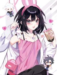1girl 2boys :d absurdres animal_ears bag black_hair blush character_request chibi collarbone commentary cup double-parted_bangs drinking_straw english_commentary fake_animal_ears hair_between_eyes hair_ornament hairclip heart highres holding holding_cup jacket jewelry looking_at_viewer multiple_boys necklace open_clothes open_jacket open_mouth pink_bag pink_purse qiao_ling rabbit rabbit_ears shiguang_dailiren shiro_(soakuoa) simple_background smile teeth upper_teeth_only