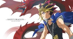 1boy absurdres arashi_(13717044) bare_shoulders black_hair black_shirt blonde_hair blue_jacket chain dragon duel_monster extra_mouth highres jacket jacket_on_shoulders jewelry male_focus medium_hair millennium_puzzle multicolored_hair osiris_the_sky_dragon pendant purple_eyes purple_hair sharp_teeth shirt spiked_hair teeth upper_body yami_yugi yu-gi-oh! yu-gi-oh!_duel_monsters