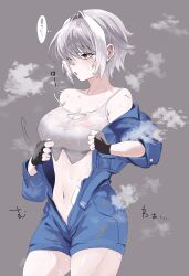 1girl alisame bandaid bandaid_on_face blue_jumpsuit breasts camisole cleavage collarbone ear_piercing eyeliner fingerless_gloves gloves goddess_of_victory:_nikke grey_background grey_hair hair_intakes highres jumpsuit makeup mori_(nikke) navel open_clothes piercing shirt short_hair steaming_body sweat thighs translation_request twitter_username wet wet_clothes wet_shirt