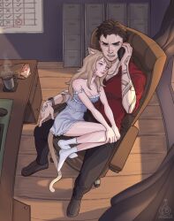 animal_ears arm_tattoo artist_logo artist_name bailey_(degrees_of_lewdity) bailey_(male)_(degrees_of_lewdity) black_pants blue_eyes brown_hair brown_shoes cabinet cat_ears cat_girl cat_tail chaob33 cup degrees_of_lewdity desk dress file_cabinet grey_dress highres indoors logo long_hair pants player_character_(degrees_of_lewdity) player_character_(female)_(degrees_of_lewdity) red_shirt shirt shoes short_hair sitting sleeveless sleeveless_dress socks tail tattoo watch white_socks wooden_floor wristwatch