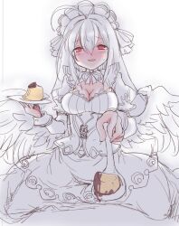 1girl ajitarou_(setsu) antenna_hair blush breasts cleavage commentary_request corset dress emil_chronicle_online feeding food holding holding_spoon holding_tray large_breasts looking_at_viewer maid maid_headdress mitama_kyrie partially_colored pudding raised_inner_eyebrows red_eyes spoon tray white_background wings