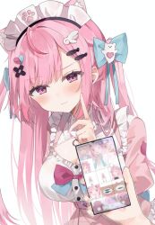 1girl :3 ahoge animal_ears animal_print bandaid bandaid_hair_ornament belt blue_bow blush bow breasts cat_choker cat_ears cat_girl cat_print cellphone cleavage cleavage_cutout closed_mouth clothing_cutout crossed_bandaids dress extra_ears fingernails fish_hair_ornament ghost_hair_ornament hair_bow hair_ornament hairclip heart heart_hair_ornament holding holding_phone index_finger_raised indie_virtual_youtuber large_breasts long_hair looking_at_viewer maid maid_headdress nail_polish nana_77_6 paw_print phone photo_gallery pink_belt pink_bow pink_dress pink_eyes pink_hair pink_nails simple_background smartphone smile solo_focus two_side_up virtual_youtuber white_background wing_hair_ornament yuuki_sakuna yuuki_sakuna_(1st_costume)