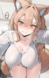 1girl animal_ears breasts brown_hair cleavage collarbone fox_ears fox_girl highres jjune large_breasts looking_at_viewer original shirt solo spoken_blush white_shirt yellow_eyes