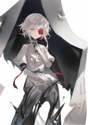 Rule 34 | 1girl, absurdres, black skirt, blue eyes, cod fish burger, flower, flower over eye, gloves, highres, horla (morimens), ink, light smile, long sidelocks, long skirt, morimens, paper, partially invisible, pen to chin, puffy short sleeves, puffy sleeves, red flower, red rose, rose, short sleeves, sidelocks, skirt, solo, white background, white gloves, white hair