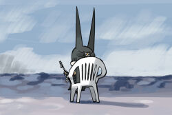 1girl animal_ears comically_large_ears black_hair chair chibi chibi_only facing_away fox_ears full_body hoshimi_miyabi large_ears long_hair meme monobloc_(chair) on_chair scabbard sheath sheathed solo sword twoj vergil&#039;s_chair_(meme) weapon zenless_zone_zero