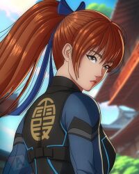 1girl ankit bodysuit breasts brown_hair dead_or_alive dead_or_alive_6 from_behind hair_ribbon highres kasumi_(doa) large_breasts long_hair long_sleeves ponytail ribbon upper_body