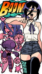 Rule 34 | 1boy, 1girl, black choker, black hair, black shorts, black thighhighs, blonde hair, blue eyes, bomb devil (chainsaw man), chainsaw man, character name, choker, collared shirt, commentary request, denji (chainsaw man), flying sweatdrops, hair between eyes, heart, highres, korean commentary, margare, multiple views, neck ribbon, open mouth, reze (chainsaw man), ribbon, sharp teeth, shirt, short shorts, shorts, sleeveless, sleeveless shirt, sweatdrop, teeth, thighhighs, wet, wet clothes, white shirt, x x