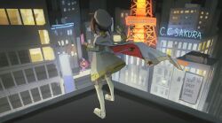 Rule 34 | 1girl, antenna hair, artist name, beret, brown hair, building, cape, cardcaptor sakura, catzz, city, city lights, cityscape, coat, commentary request, copyright name, from behind, hat, holding, holding wand, hoshi no tsue, kero (cardcaptor sakura), kinomoto sakura, kinomoto sakura (night star), long sleeves, magical girl, night, on rooftop, outdoors, rooftop, scenery, short hair, standing, tokyo tower, wand, white cape, white hat, yellow coat