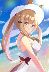 Rule 34 | 1girl, almond eye (umamusume), alternate costume, animal ears, beach, breasts, commentary request, hair between eyes, hair ornament, hat, highres, horse ears, horse girl, horse tail, long hair, looking at viewer, medium breasts, ocean, smile, solo, tail, umamusume, yo-ha