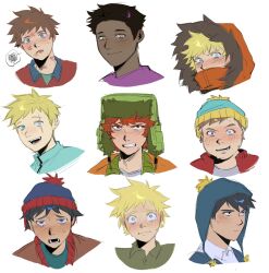 6+boys angry aqua_eyes beret black_eyes black_hair blonde_hair blue_eyes blue_hat blue_shirt blue_sweater blush brown_eyes brown_hair brown_jacket butters_stotch closed_mouth clyde_donovan collared_jacket collared_shirt covered_mouth craig_tucker dark-skinned_male dark_skin embarrassed eric_cartman freckles fur-trimmed_hood fur_trim green_hat green_shirt grey_eyes half-closed_eyes hat heterochromia highres hood hooded_jacket jacket kenny_mccormick kugai697139 kyle_broflovski lipstick_mark looking_at_viewer male_focus messy_hair multiple_boys nervous open_clothes open_jacket open_mouth orange_jacket pom_pom_(clothes) purple_shirt red_hair red_jacket red_lips scar scar_across_eye scar_on_face shirt short_hair simple_background smile south_park spoken_squiggle squiggle stan_marsh sweat sweatdrop sweater tearing_up teeth token_black tongue tweek_tweak upper_body v-shaped_eyebrows white_background white_shirt yellow_eyes