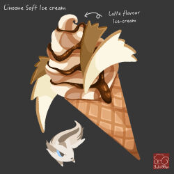 arrow_(symbol) artist_logo artist_name character-themed_food character_name chocolate_syrup food food_focus food_name gen_3_pokemon grey_background highres ice_cream ice_cream_cone linoone logo nintendo no_humans pokemon pokemon_(creature) simple_background soft_serve waffle_cone yuki00yo