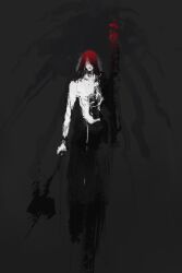 1boy armlet black_armlet black_background black_bracer black_hair black_hammer black_pants bracer closed_mouth copyright_request depressed expressionless grey_background greyscale hammer highres jewelry long_hair loose_pants male_focus monochrome muscular oversized_clothes pants red_hair red_scales shake_(shyakep) simple_background skinny solo tall tattoo walking warrior