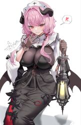 1girl absurdres bernina_(stella_sora) black_dress black_gloves black_horns black_wings blush breasts cleavage closed_mouth demon_girl demon_horns demon_wings dress fang frilled_gloves frilled_shirt_collar frills gloves hair_intakes hand_up heart highres holding holding_lantern horns lantern long_hair looking_at_viewer low_twintails low_wings maid_headdress mell_(dmwe3537) pink_hair puffy_sleeves red_eyes see-through_cleavage see-through_clothes signature sitting skin_fang smile solo spoken_heart stella_sora tight_clothes tight_dress twintails white_headdress wings