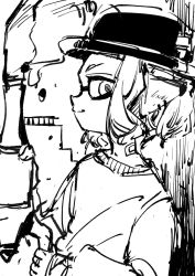 1girl closed_mouth domino_mask from_side greyscale hat highres inkling inkling_girl inkling_player_character looking_at_viewer looking_to_the_side mask mito_(go!go!king!) monochrome nintendo profile shirt sketch smile solo splatoon_(series) upper_body