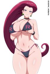 1girl bare_shoulders bikini black_bikini black_choker blue_eyes blush breasts choker cleavage commentary earrings grabbing_own_breast jessie_(pokemon) jewelry kaos_art large_breasts long_hair midriff navel nintendo open_mouth pokemon pokemon_(anime) pokemon_(classic_anime) red_hair smile sphere_earrings stomach swimsuit team_rocket