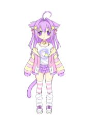 1girl :3 absurdres ahoge animal_collar animal_ear_fluff animal_ears artist_name bell bra_strap cat_ears cat_girl cat_tail closed_mouth collar drawstring full_body hair_ornament highres jacket jingle_bell kigidere leg_warmers long_hair long_sleeves looking_at_another miniskirt neck_bell off_shoulder open_clothes open_jacket original pink_jacket pink_shoes pink_thighhighs print_shirt purple_eyes purple_hair purple_skirt shirt shoes short_sleeves skirt sleeves_past_fingers sleeves_past_wrists solo standing star_(symbol) star_hair_ornament straight-on striped_clothes striped_sleeves striped_thighhighs tail thighhighs white_leg_warmers white_shirt