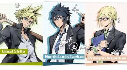 Rule 34 | 3boys, alternate hairstyle, anger vein, aries20770321, bandage on face, bandages, baseball bat, black hair, black jacket, blonde hair, blue eyes, blue necktie, book, briefcase, character name, cloud strife, cloud strife (midgard seventh high school), commentary, crossover, dated, delinquent, drop shadow, expressionless, final fantasy, final fantasy vii, final fantasy vii ever crisis, final fantasy xv, gakuran, green necktie, grid background, hands up, holding, holding baseball bat, holding book, holding briefcase, hugging book, hugging object, in-franchise crossover, jacket, looking at viewer, looking to the side, male focus, multiple boys, necktie, noctis lucis caelum, official alternate costume, official art inset, over shoulder, parody, partially unbuttoned, prompto argentum, purple eyes, school uniform, shirt, short hair, sleeves rolled up, spiked hair, striped necktie, style parody, symbol-only commentary, translation request, upper body, weapon, weapon over shoulder, white shirt, wing collar, wristband