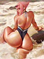 Rule 34 | 1girl, artist name, azuma yasuo, beach, blue eyes, bracelet, commentary, earrings, english commentary, eyewear on head, from behind, highres, hoop earrings, jewelry, manon legrand, ocean, pink hair, short hair with long locks, street fighter, street fighter 6, sunglasses, swimsuit, waves