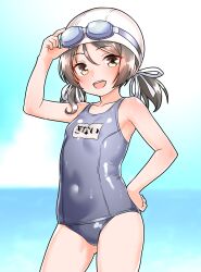 Rule 34 | 1girl, absurdres, beach, blue one-piece swimsuit, blue sky, blush, brown eyes, cloud, collarbone, commentary request, covered navel, day, furaggu (frag 0416), goggles, goggles on headwear, grey hair, hair between eyes, hair ribbon, hand on own hip, hand up, highres, inagi (kancolle), kantai collection, ocean, one-piece swimsuit, ribbon, school swimsuit, sky, solo, swimsuit, thighs, translation request, variant set, white ribbon