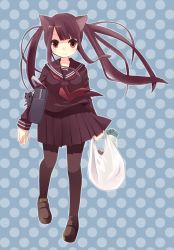 1girl animal_ears bad_id bad_pixiv_id bag black_hair carrying cat_ears female_focus long_hair nekomo original pantyhose radish red_eyes school_uniform smile solo stuffed_toy
