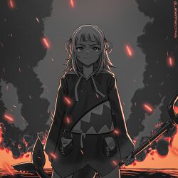 1girl absurdres ash_again_(gawr_gura) cowboy_shot embers fins fire fish_tail gawr_gura gawr_gura_(1st_costume) greyscale highres holding holding_polearm holding_weapon hololive hololive_english hood hood_down hoodie monochrome partially_colored pixiv_username polearm seventeencrows shark_girl shark_tail smoke solo sparks straight-on tail tearing_up twitter_username two_side_up virtual_youtuber weapon