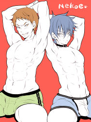 2boys abs arms_behind_head artist_name blue_hair blush boxer_briefs bulge flat_color kugayama_yuuya male_focus male_underwear multiple_boys muscular pectorals red_background sakuraprin shindou_kazuma topless_male simple_background underwear undressing
