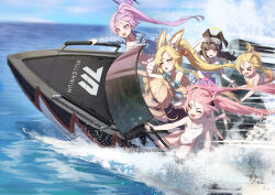 Rule 34 | &gt; &lt;, 6+girls, :d, ^ ^, absurdres, animal ears, blonde hair, blue archive, blue eyes, blue halo, boat, closed eyes, cloud, day, halo, hibiki (blue archive), highres, kokukyukeo, kotori (blue archive), koyuki (blue archive), long hair, multiple girls, ocean, one-piece swimsuit, one eye closed, open mouth, outdoors, pink eyes, pink hair, pink halo, ponytail, seia (blue archive), smile, swimsuit, toki (blue archive), utaha (blue archive), watercraft, white one-piece swimsuit, yellow halo