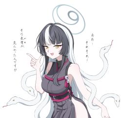 1girl azami_(blue_archive) bare_shoulders bell black_hair blue_archive breasts commentary_request cowboy_shot gomibako_(a_rubbish_box) grey_halo grey_kimono halo highres japanese_clothes jingle_bell kimono looking_at_viewer multicolored_hair open_mouth simple_background sleeveless sleeveless_kimono slit_pupils smile snake snake_hair solo translation_request two-tone_hair white_background white_hair white_snake yellow_eyes