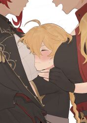 Rule 34 | 1boy, 2girls, absurdres, aether (genshin impact), black coat, black gloves, blonde hair, blush, breasts, closed eyes, coat, commentary request, diluc (genshin impact), fingerless gloves, from side, genderswap, genderswap (mtf), genshin impact, girl sandwich, gloves, hair between eyes, highres, huge breasts, large breasts, lips, long sleeves, multiple girls, open mouth, profile, red hair, sandwiched, simple background, sweat, tabibitowayo, thoma (genshin impact), upper body, white background