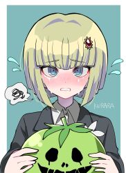 1girl black_jacket blonde_hair blue_background blue_eyes blush bob_cut border character_name crying crying_with_eyes_open female_focus highres holding holding_mask jacket long_sleeves looking_at_viewer mask oosuzuki_kurara open_mouth shirt simple_background solo solo_focus tears teeth the_hundred_line_-last_defense_academy- tomato unworn_mask upper_body white_border white_shirt
