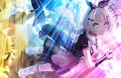 3girls black_gloves black_jacket black_necktie black_skirt blonde_hair blue_eyes blue_hair closed_mouth collared_shirt elbow_gloves fingerless_gloves game_cg gloves gradient_hair hair_ornament hairclip highres hinoshita_kaho i_do_me!_(love_live!) jacket legwear_garter link!_like!_love_live! long_hair looking_at_viewer loose_socks love_live! low_twintails miniskirt multicolored_hair multiple_girls murano_sayaka necktie non-web_source official_alternate_costume official_alternate_hairstyle official_art osawa_rurino pleated_skirt shirt short-sleeved_jacket short_sleeves skirt smile socks solo_focus split_mouth standing twintails v-shaped_eyebrows virtual_youtuber white_shirt white_socks x_hair_ornament