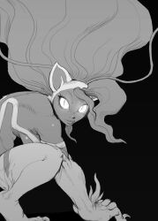 1girl absurdres animal_ears animal_hands big_hair breasts cat_ears cat_girl cat_tail claws darkstalkers fang feet felicia_(darkstalkers) furry glowing glowing_eyes greyscale highres long_hair looking_at_viewer monochrome slit_pupils solo squatting tail ticosanchezz very_long_hair
