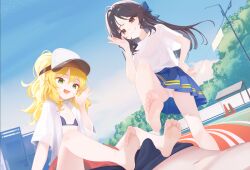 2girls barefoot black_hair blonde_hair brown_eyes bulge daxieshen_huashi erection erection_under_clothes feet green_eyes grin highres idolmaster idolmaster_cinderella_girls long_hair multiple_girls open_clothes open_mouth open_shirt panties pantyshot sakurai_momoka smile soles tachibana_arisu toes underwear visor_cap