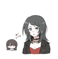 Rule 34 | 2girls, bang dream!, bang dream! it&#039;s mygo!!!!!, black choker, black hair, black jacket, blue eyes, blush, breasts, choker, cleavage, commentary request, cropped torso, earrings, hanasakigawa school uniform, heart, highres, jacket, jewelry, lcl, lemoontya, long hair, looking at viewer, medium hair, mole, mole under eye, multiple girls, necklace, purple eyes, red shirt, sailor collar, school uniform, shiina taki, shirt, simple background, upper body, white background, white sailor collar, yahata umiri