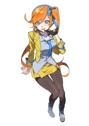 Rule 34 | 1girl, ace attorney, ankle boots, arm support, athena cykes, black gloves, black pantyhose, blue eyes, blue necktie, blue ribbon, boots, breasts, choa007, commentary request, crescent, crescent earrings, earrings, flipped bangs, gloves, hair ribbon, highres, jacket, jewelry, korean commentary, long hair, looking at viewer, medium breasts, necklace, necktie, open mouth, orange hair, pantyhose, phoenix wright: ace attorney - dual destinies, ribbon, shirt, side ponytail, simple background, single glove, skirt, smile, solo, white background, white boots, white shirt, yellow jacket, yellow skirt