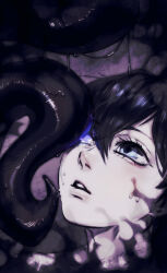 1boy absurdres bishounen ciel_phantomhive earrings eyelashes glowing glowing_eyes hair_between_eyes highres jewelry kuroshitsuji male_focus pale_skin rosarobot tentacles