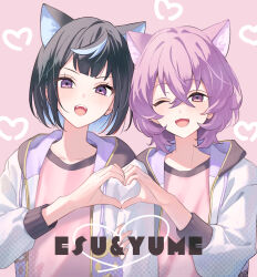 2boys animal_ears black_hair cat_ears character_name ensemble_stars! hair_between_eyes hanamura_fuyume heart heart_hands heart_hands_duo highres jacket looking_at_viewer male_focus medium_hair multicolored_hair multiple_boys one_eye_closed open_clothes open_jacket open_mouth pink_background purple_eyes purple_hair sagiri_esu smile two-tone_hair upper_body white_jacket yoshio_tachi