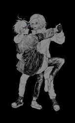 2boys aotsuki_eito black_background black_gloves full_body glasses gloves greyscale greyscale_with_colored_eyes highres holding_hands hood hoodie jacket looking_at_another looking_at_viewer looking_to_the_side monochrome multicolored_hair multiple_boys open_mouth pants parted_hair pink_eyes shoes simple_background streaked_hair sumino_takumi the_hundred_line_-last_defense_academy- turning_head