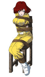 april_o&#039;neil arms_behind_back bdsm bondage boots bound bound_ankles bound_arms chair collarbone daikinbakuju jacket non-web_source original rope teenage_mutant_ninja_turtles teenage_mutant_ninja_turtles_(1987) tied_to_chair tied_up_(nonsexual) white_boots yellow_jacket