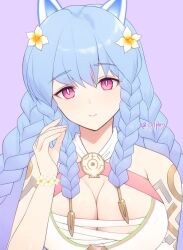 1girl artist_name blue_hair braid breasts cleavage closed_mouth commentary_request fire_emblem fire_emblem_heroes flower hair_flower hair_ornament heidrun_(fire_emblem) heidrun_(summer)_(fire_emblem) large_breasts long_hair looking_at_viewer nintendo official_alternate_costume purple_background red_eyes smile solo sylphy_fe upper_body
