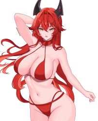 1girl absurdres arm_up bikini breasts cleavage cowboy_shot curvy goddess_of_victory:_nikke highres horns kiki_dailami large_breasts long_hair mechanical_horns navel open_mouth red_bikini red_hair red_hood_(nikke) simple_background solo stomach swimsuit very_long_hair white_background yellow_eyes