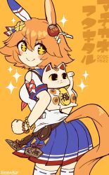 +_+ 1girl animal_ears backpack bag bare_shoulders blue_sailor_collar blue_skirt character_name closed_mouth clothing_cutout clover_hair_ornament commentary_request cowboy_shot daruma_doll dated ear_covers ema flipped_hair four-leaf_clover_hair_ornament hair_ornament highres horse_ears horse_girl horse_tail maneki-neko matikanefukukitaru_(umamusume) orange_background orange_eyes orange_hair pleated_skirt sailor_collar shirt short_hair simoyuki simple_background single_ear_cover skirt smile solo sparkle tail tail_through_clothes thighhighs umamusume white_shirt white_thighhighs