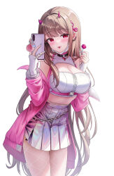 1girl absurdres black_choker blush breasts brown_hair candy cellphone choker cleavage fishnet_pantyhose fishnets food goddess_of_victory:_nikke highres holding holding_candy holding_food holding_lollipop holding_phone jacket large_breasts lollipop long_hair looking_at_viewer open_clothes open_jacket pantyhose phone pink_jacket ppudang red_eyes simple_background skirt solo viper_(nikke) white_background