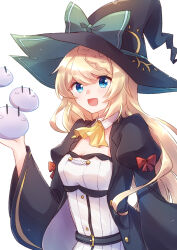 1girl absurdres aizawa_azusa ascot black_jacket blonde_hair blue_eyes breasts cleavage collar creature green_ribbon hair_between_eyes hat hat_ribbon highres holding holding_creature jacket large_ribbon light_blush long_hair looking_at_viewer medium_breasts nyaa_(nnekoron) open_mouth puffy_sleeves red_ribbon ribbon shirt simple_background slime_(creature) slime_taoshite_300_nen_shiranai_uchi_ni_level_max_ni_nattemashita smile solo strapless strapless_shirt upper_body very_long_hair white_background white_collar white_shirt witch witch_hat yellow_ascot
