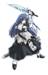 1girl 2000s_(style) alternate_color bad_id black_eyes black_shoes black_skirt blue_hair capelet closed_mouth fighting_stance full_body gauntlets holding holding_sword holding_weapon long_hair looking_at_viewer lowres mima_chi ragnarok_online shirt shoes simple_background skirt solo sword swordsman_(ragnarok_online) weapon white_background white_capelet white_shirt