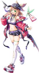 1girl animal artist_request bag belt blonde_hair breasts bug butterfly collar crepe eating fairy food full_body green_eyes hair_ornament hat head_wings insect jacket kamihime_project_r lancelot_(kamihime) long_hair medium_breasts navel open_mouth paper_bag shoes skirt smile sneakers thighhighs torn_clothes torn_legwear transparent_background white_thighhighs wings x_hair_ornament